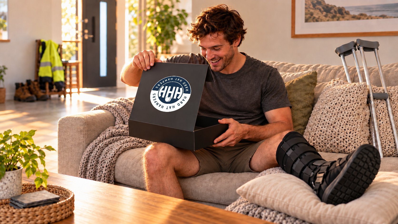 Tradie recovering at home on the couch, opening his branded Hard Hat Hampers box with his hi-vis and boots by the door