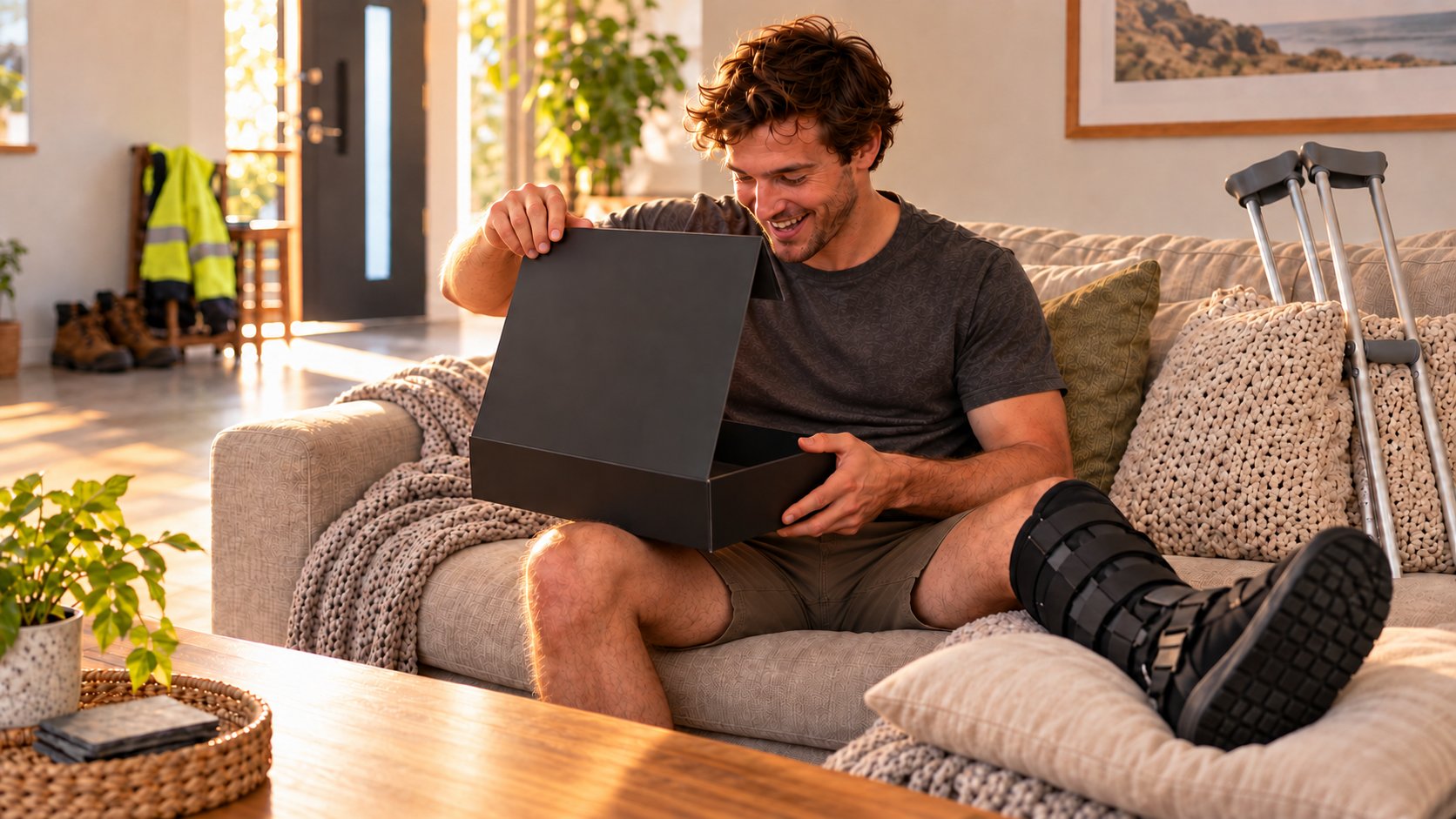 Tradie recovering at home opening his Worksite Warrior Hamper on the couch