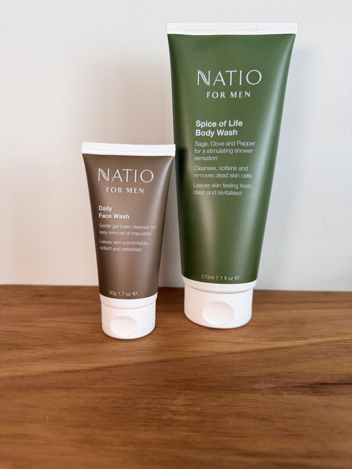Natio for Men Spice of Life body wash and Daily Face Wash tubes